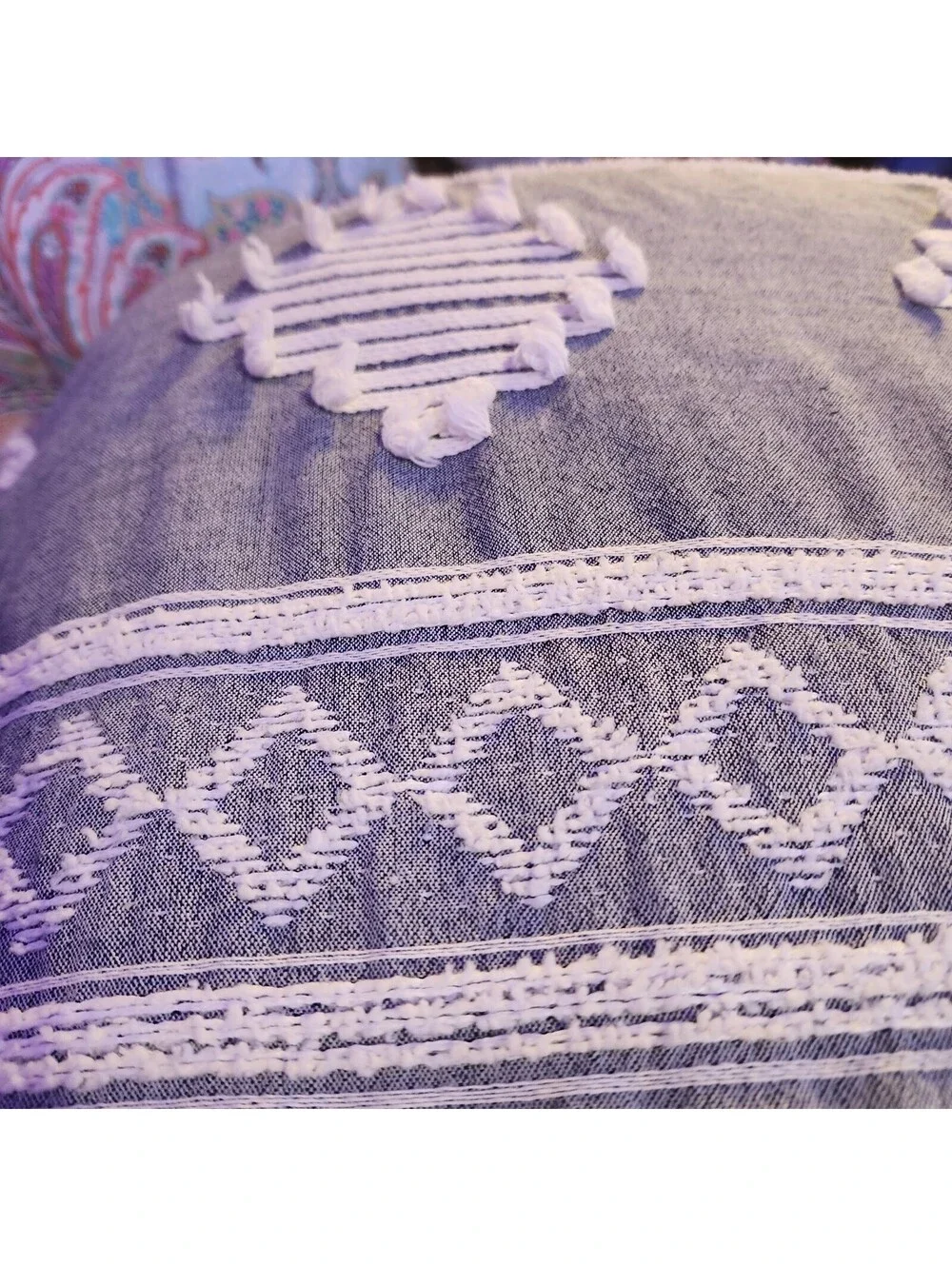 Joie Queen Comforter Blue Gray White Tufted Embroidered Boho 106x90